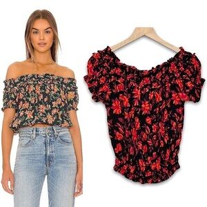 NWT FREE PEOPLE 70s Smocked Off Shoulder Floral Short Sleeve‎ Blouson Crop Top S